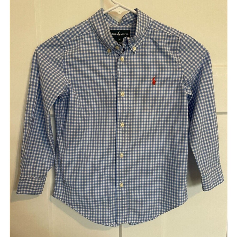 RALPH LAUREN Boys Button SHIRT Long Sleeve Light BLUE White CHECK Size 6